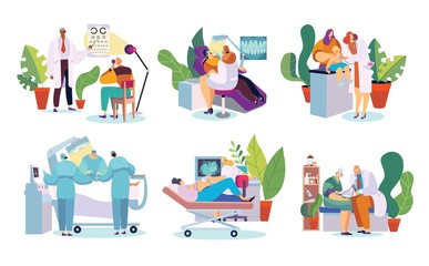 Medical clinic doctor and patient in hospital, cartoon character vector illustration. Professional healthcare treatment, ophthalmologist, dentist, pediatrician and surgeon doctor, medical hospital set