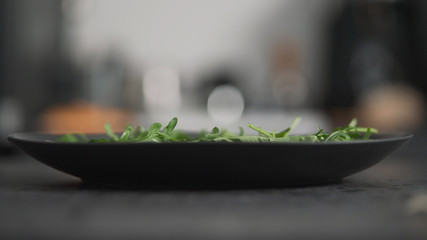 fresh arugula on black plate