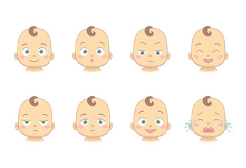 Set of cute cartoon baby or toddler with different funny emotions in flat design cartoon character. Cute children with smiling, surprised, sad, laughing, dissatisfied, sad and crying face.