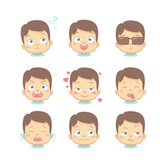 Set of cute cartoon baby with different funny emotions in flat design cartoon character. Cute children with thinking, joy, business, anger, in love, sick, crying and disgusted face.