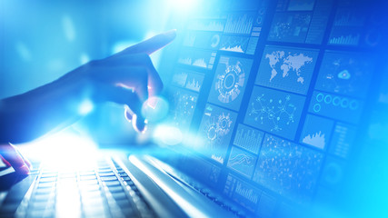 Applications icons on virtual screen, technology, development background concept.