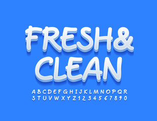 Vector modern banner Fresh & Clean. White creative Font. Trendy Alphabet Letters and Numbers