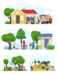 Obraz na płótnie Canvas Family moving to countryside house, set of lifestyle scenes vector illustration. Happy family together, summer outdoor activities barbecue, help in apple orchard and farm work. Life in village concept