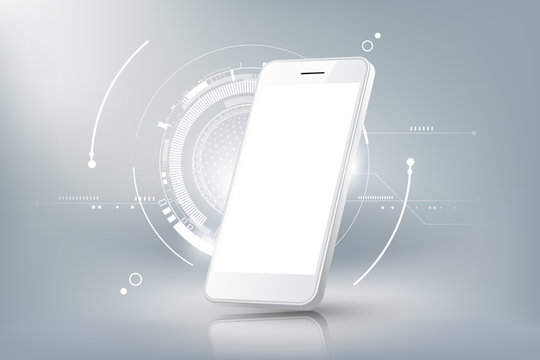 Realistic  White Smartphone Mockup Perspective View With Blank Display Isolated Templates And Futuristic Technology Concept, Mobile Phone Abstract Background, Vector Illustration