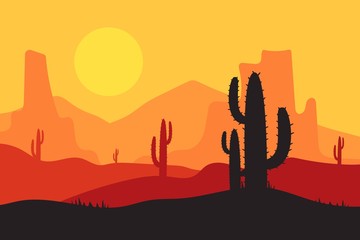beautiful landscape of desert landscape with cactus mountains, abstract desert background vector illustration template suitable for landing page banner magazin poster and others
