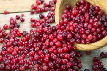 Fresh cranberries in a wooden bowl.