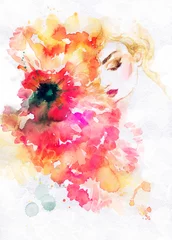Frau mit Blumen. Schönheitshintergrund. Modeillustration. Aquarellmalerei © Anna Ismagilova