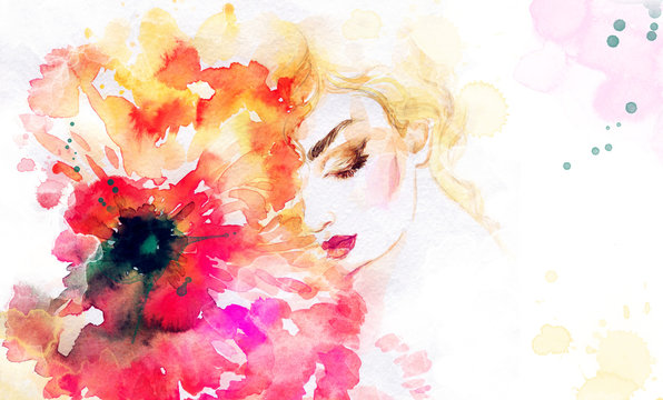 woman with flowers. beauty background. fashion illustration. watercolor painting