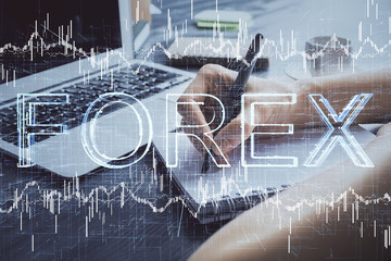 Forex chart displayed on woman's hand taking notes background. Concept of research. Multi exposure