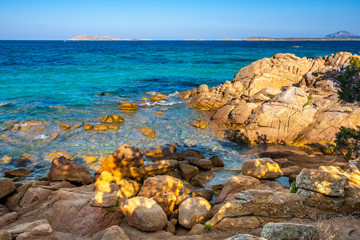 Fototapeta na wymiar Panoramic view of the Costa Smeralda - Emerald Cost - seaside in Capriccioli beach tourist destination and resort at the Tyrrhenian Sea coast in Sassari region of Sardinia, Italy