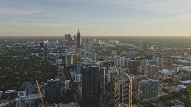 Atlanta Aerial v589 Traversing at an angle from Midtown through Old Fourth Ward district with Downtown skyline cityscape - December 2018