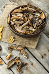 Dried mushrooms boletus sliced on a plate.
