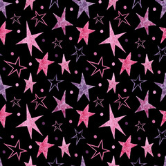 Hand drawn watercolor pattern of stars and polka dots on a black background. Suitable for wrapping paper, scrapbooking and magic decor. Space texture.