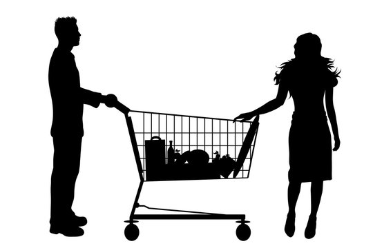 Vector silhouette of couple shop to shopping cart on white background. Symbol of shop accessories.