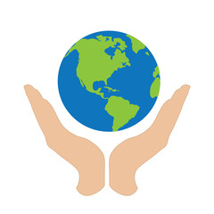 Vector silhouette of hand hold world in protection gesture on white background. Symbol of save planet.