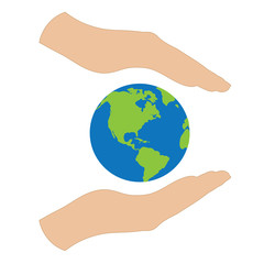 Vector silhouette of hand hold world in protection gesture on white background. Symbol of save planet.