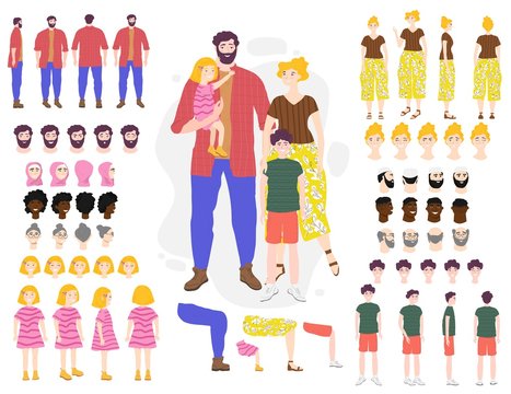 Family cartoon characters constructor set vector illustration. Parents and children in different poses, isolated faces with emotional expressions, editable race, age. Family generator constructor set