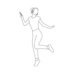 Happy young woman listening and dancing to music or song with headphone plugged to smartphone or phone. Girl enjoying music - Simple vector line art illustration.
