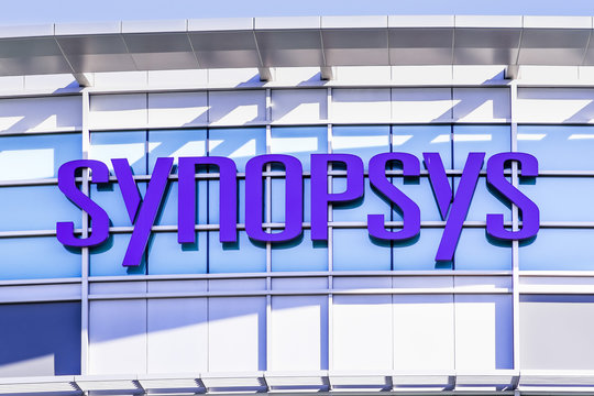 Feb 18, 2020 Mountain View / CA / USA - Synopsys sign at their corporate headquarters in Silicon Valley, San Francisco bay area; Synopsys Inc is an electronic design automation (EDA) company