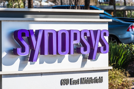 Feb 18, 2020 Mountain View / CA / USA - Synopsys sign at their corporate headquarters in Silicon Valley, San Francisco bay area; Synopsys Inc is an electronic design automation (EDA) company
