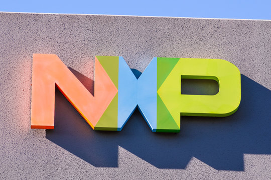 Feb 18, 2020 San Jose / CA / USA - NXP logo at the Company headquarters in Silicon Valley; NXP Semiconductors N.V. is a global semiconductor manufacturer