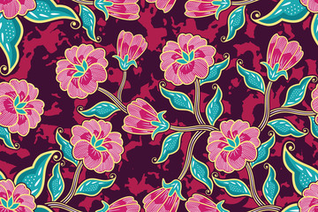 Seamless pattern with floral vector Illustration, Tropical batik motif