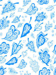 Seamless pattern with turquoise leaves on a white background. Abstract work with leaves in the style of doodling. Stylized blue hand-drawn leaves.