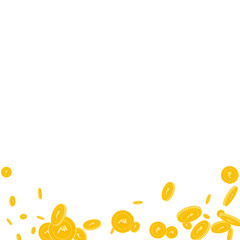 Indian rupee coins falling. Scattered disorderly I