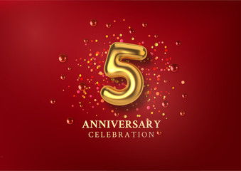 5th Anniversary celebration. Number in the form of golden balloons. Realistic 3d gold numbers and sparkling confetti, glitters. Horizontal template for Birthday or wedding event. Vector illustration