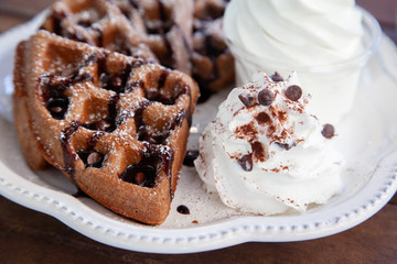 Chocolate waffle with soft serve ice cream