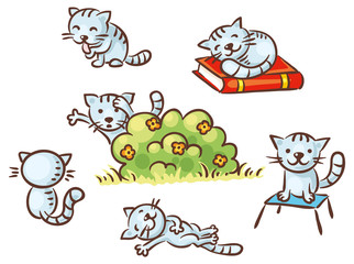 Cute cartoon cat set, different poses, vector clipart