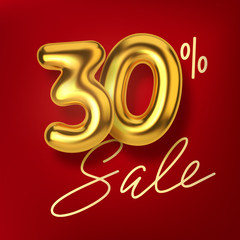 30 off discount promotion sale made of realistic 3d gold balloons. Number in the form of golden balloons. Template for products, advertizing, web banners, leaflets, certificates and postcards. Vector