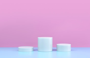 Round podium, pedestal or platform, cosmetic background for product presentation. 3d illustration. Bright podium. Advertising place. Blank product stand background in pastel pink blue colors.