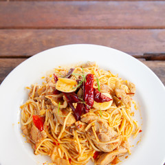 Spaghetti spicy Tom Yum chicken, Thai fusion food