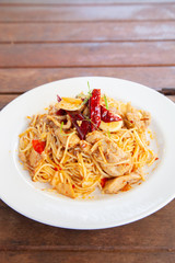 Spaghetti spicy Tom Yum chicken, Thai fusion food