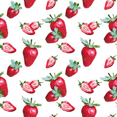 Whole and halved fresh strawberries pattern on white background. Hand drawn vektor includes leaves and seeds. Can be used for garments, fabrics, wrapping paper, banners, flyers, stickers, posters.