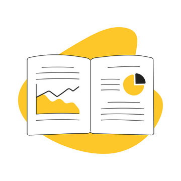 Big Data analysis, research, banking statistics, business data in the magazine or notebook, graph and chart, data study, analyzing financial figures on a graphs. Flat line vector illustration on white