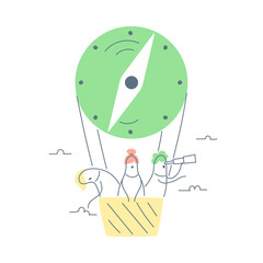 Hot air balloon trip and group of business man and woman flying in the sky and planning ahead their journey. Flat clean thin line vector illustration on white background.