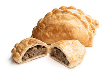 Homemade flaky pasty with mince meat filling isolated on white