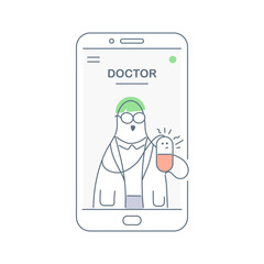 Medical advice online, doctor in smartphone consults patient and holds a pill. Flat thin linear vector illustration on white background.