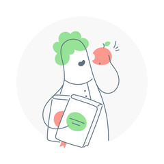 Education concept, university, college or school student with books eating apple of knowledge. Back to school, workshop, seminar. Flat thin line isolated vector illustration on white background.