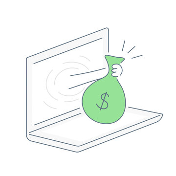 Hand giving money sack from the laptop display - online payment, receive transfer, credit, make money online, remuneration, award or offer. Flat thin line vector icon on white background.