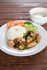 Rice topped with stir fried chicken and basil