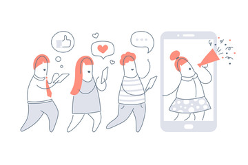 Influencer marketing concept - blogger promotion services and goods for his followers online, blogger with megaphone stand at smartphone screen and attracting users become followers. Outline vector