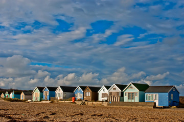 Beach huts at Hengistbury Head near Bournemouth in Dorset, England