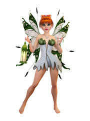 Fairy with green butterfly wings standing and holding lantern. Isolated on white. 3D rendering.