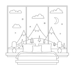 Bedroom with a large panoramic window and bed. Room in outline style. Vector linear illustration. Banner on the theme of interior design. The plan of the room.