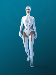Female cyborg in white armour walking on blue background. 3D rendering.