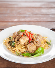 Spaghetti stir fried spicy thai pad ki mao chicken