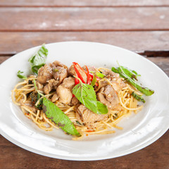 Spaghetti stir fried spicy thai pad ki mao chicken